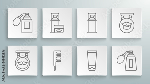 Set line Barbershop, Shaving gel foam, Hairbrush, Cream or lotion cosmetic tube, Aftershave bottle with atomizer, and icon. Vector