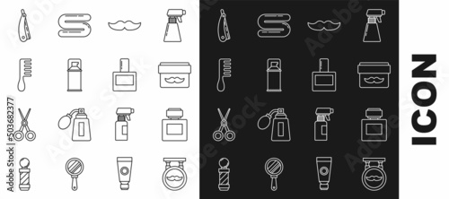 Set line Barbershop, Aftershave, Cream or lotion cosmetic jar, Mustache, Shaving gel foam, Hairbrush, Straight razor and icon. Vector