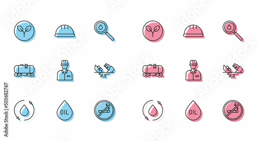 Set line Oil drop, Bio fuel, No Smoking, Oilman, Wrecked oil tanker ship, railway cistern and Worker safety helmet icon. Vector