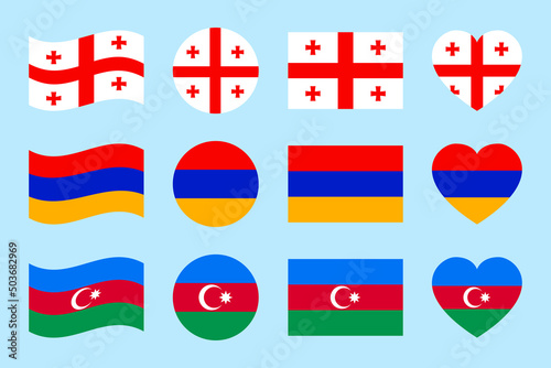 Georgia, Armenia, Azerbaijan flags vector illustration. The Caucasus states official symbols icons collection. Simple traditional geometric shapes set for travel, patriotic, sports pages designs