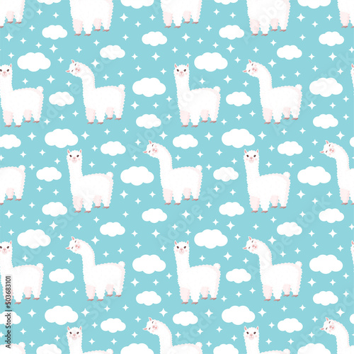 Seamless pattern with funny llama, clouds and stars on a blue background. Vector illustration suitable for baby texture, textile, fabric, poster, greeting card, decor. Cute alpaca from Peru.