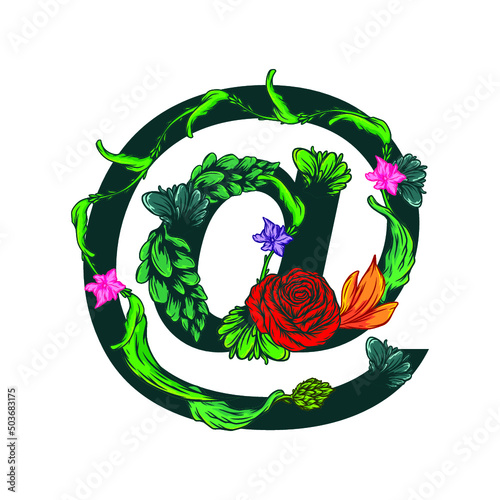 At sign with a floral pattern isolated on white background. Scalable Vector Graphics.