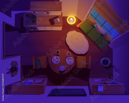 Night living or dining room interior top view. Dark home apartment with sofa, tv and round table with food, burning floor lamp, rug, bookcase and large curtained window, Cartoon vector illustration