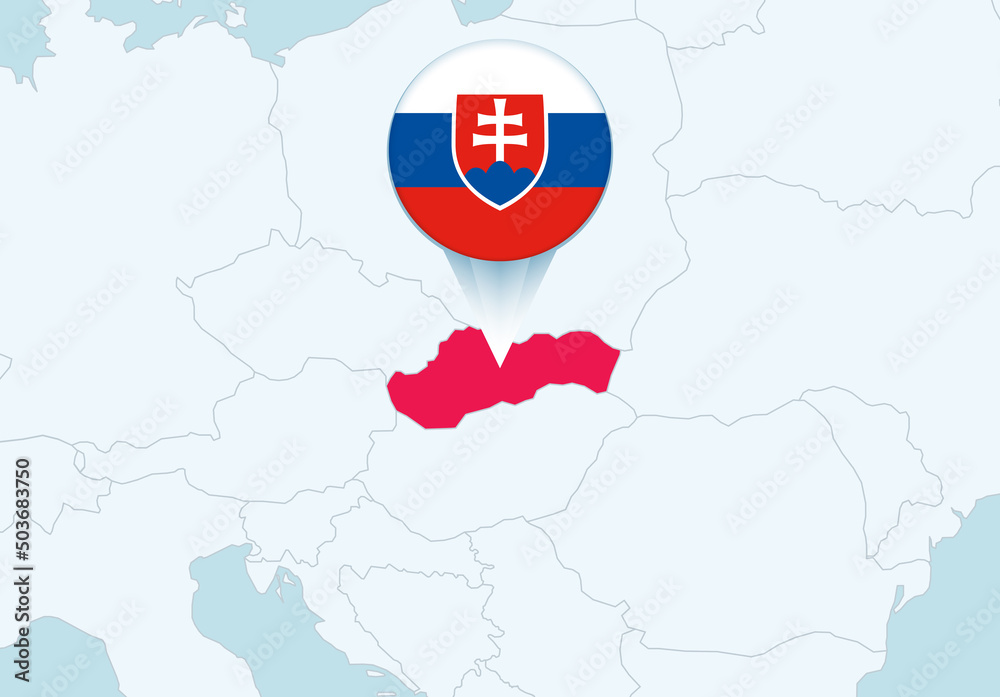 Europe with selected Slovakia map and Slovakia flag icon.
