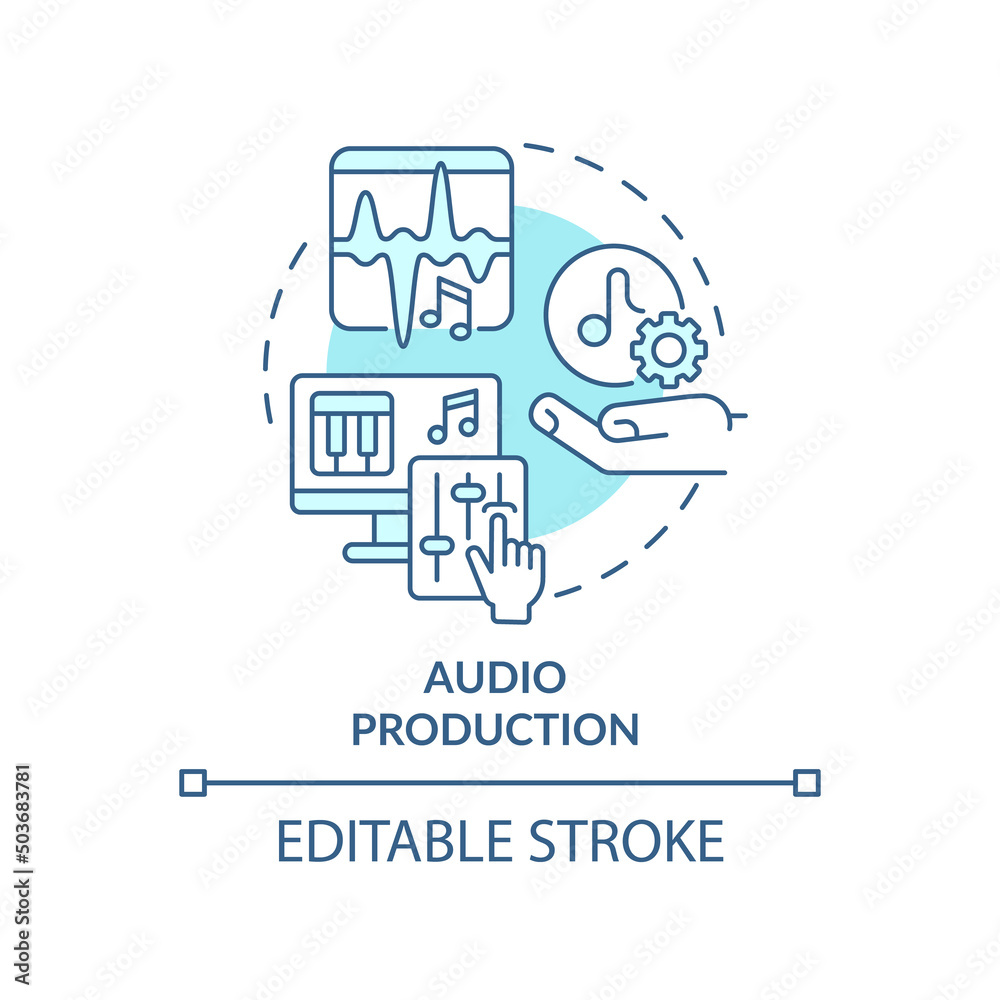 Audio production turquoise concept icon. Selecting top skill for freelancer abstract idea thin line illustration. Isolated outline drawing. Editable stroke. Arial, Myriad Pro-Bold fonts used