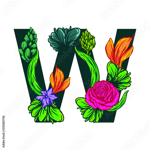 Letter w with a floral pattern isolated on white background. Scalable Vector Graphics.