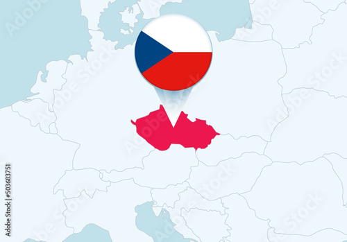 Europe with selected Czech Republic map and Czech Republic flag icon.