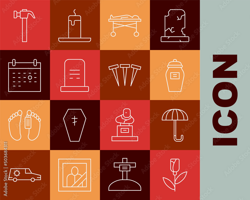 Set line Flower rose, Umbrella, Funeral urn, Dead body in the morgue, Grave with tombstone, Calendar death, Hammer and Metallic nails icon. Vector Set line Flower rose, Umbrella, Funeral urn, Dead body in the morgue, Grave with tombstone, Calendar death, Hammer and Metallic nails icon. Vector
