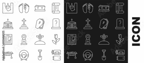Set line Crematorium, Flower rose, Grave with tombstone, Coffin dead, cross, Old crypt, grave and icon. Vector