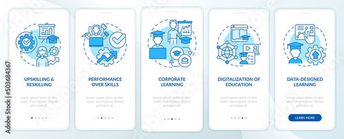 High demand skills in development blue onboarding mobile app screen. Walkthrough 5 steps graphic instructions pages with linear concepts. UI, UX, GUI template. Myriad Pro-Bold, Regular fonts used