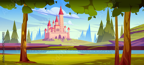 Pink magic castle on green hill at river coast with blue water surface at summer day. Fairytale palace under cloudy sky and fir-trees around. Fantasy medieval architecture, Cartoon vector illustration