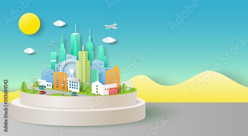 Paper city background vector green town design