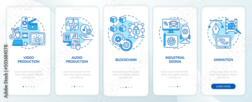 Selecting top skills for freelancer blue onboarding mobile app screen. Walkthrough 5 steps graphic instructions pages with linear concepts. UI, UX, GUI template. Myriad Pro-Bold, Regular fonts used
