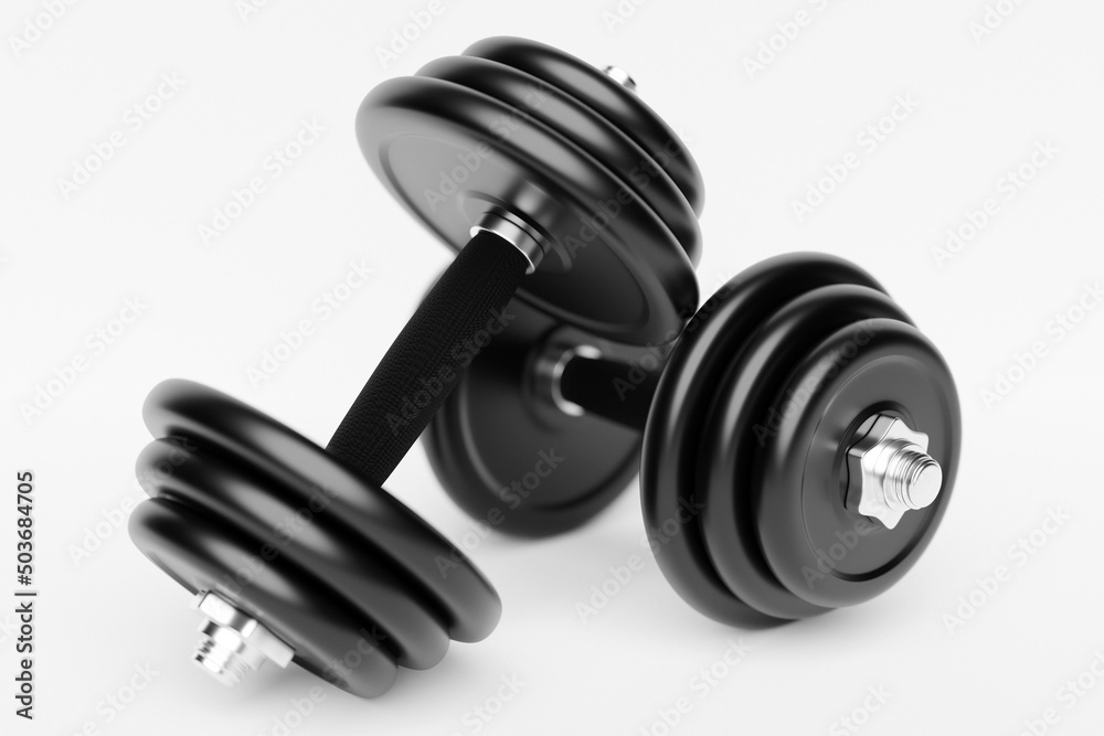 3d render illustration of a dumbbell with black plates, on a white background. Creative concept. 3d render illustration of a dumbbell with black plates, on a white background. Creative concept.