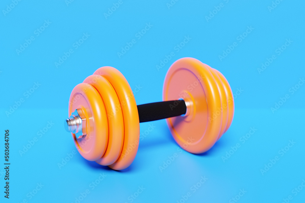 3d render illustration of a dumbbell with orange plates, isolated on blue background. Creative concept. 3d render illustration of a dumbbell with orange plates, isolated on blue background. Creative concept.