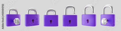 3d purple locked and unlocked padlock icon set with key isolated on gray background. Render minimal padlock with a keyhole. Confidentiality and security concept. 3d cartoon simple vector illustration.