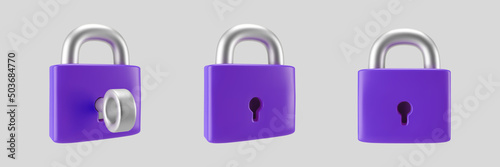 3d purple locked padlock icon set with key isolated on gray background. Render minimal closed padlock with a keyhole. Confidentiality and security concept. 3d cartoon simple vector illustration.