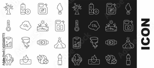 Set line Bottle of water, Volcano eruption with lava, Canister for gasoline, Bio fuel canister, CO2 emissions cloud, Meteorology thermometer, Withered tree and Drought icon. Vector