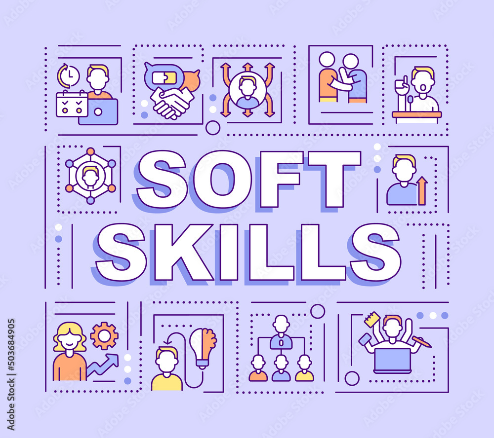 Soft skills word concepts purple banner. Negotiation and empathy abilities. Infographics with icons on color background. Isolated typography. Vector illustration with text. Arial-Black font used Soft skills word concepts purple banner. Negotiation and empathy abilities. Infographics with icons on color background. Isolated typography. Vector illustration with text. Arial-Black font used