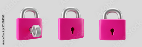 3d pink locked padlock icon set with key isolated on gray background. Render minimal closed padlock with a keyhole. Confidentiality and security concept. 3d cartoon simple vector illustration.