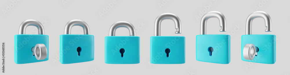 3d blue locked and unlocked padlock icon set with key isolated on gray ...