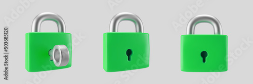 3d green locked padlock icon set with key isolated on gray background. Render minimal closed padlock with a keyhole. Confidentiality and security concept. 3d cartoon simple vector illustration.