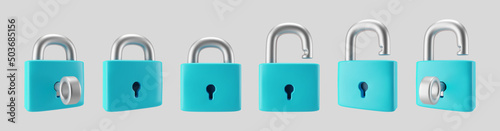 3d blue locked and unlocked padlock icon set with key isolated on gray background. Render minimal padlock with a keyhole. Confidentiality and security concept. 3d cartoon simple vector illustration.