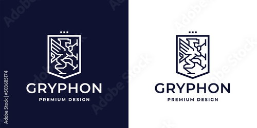 Gryphon logo crest design. Griffin shield line icon. Mythical winged beast business symbol. Premium mythical creature heraldry emblem. Vector illustration.