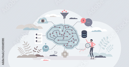 Generative AI or artificial intelligence data algorithm tiny person concept. Technology analysis for effective automation and smart logic system learning with machine optimization vector illustration.