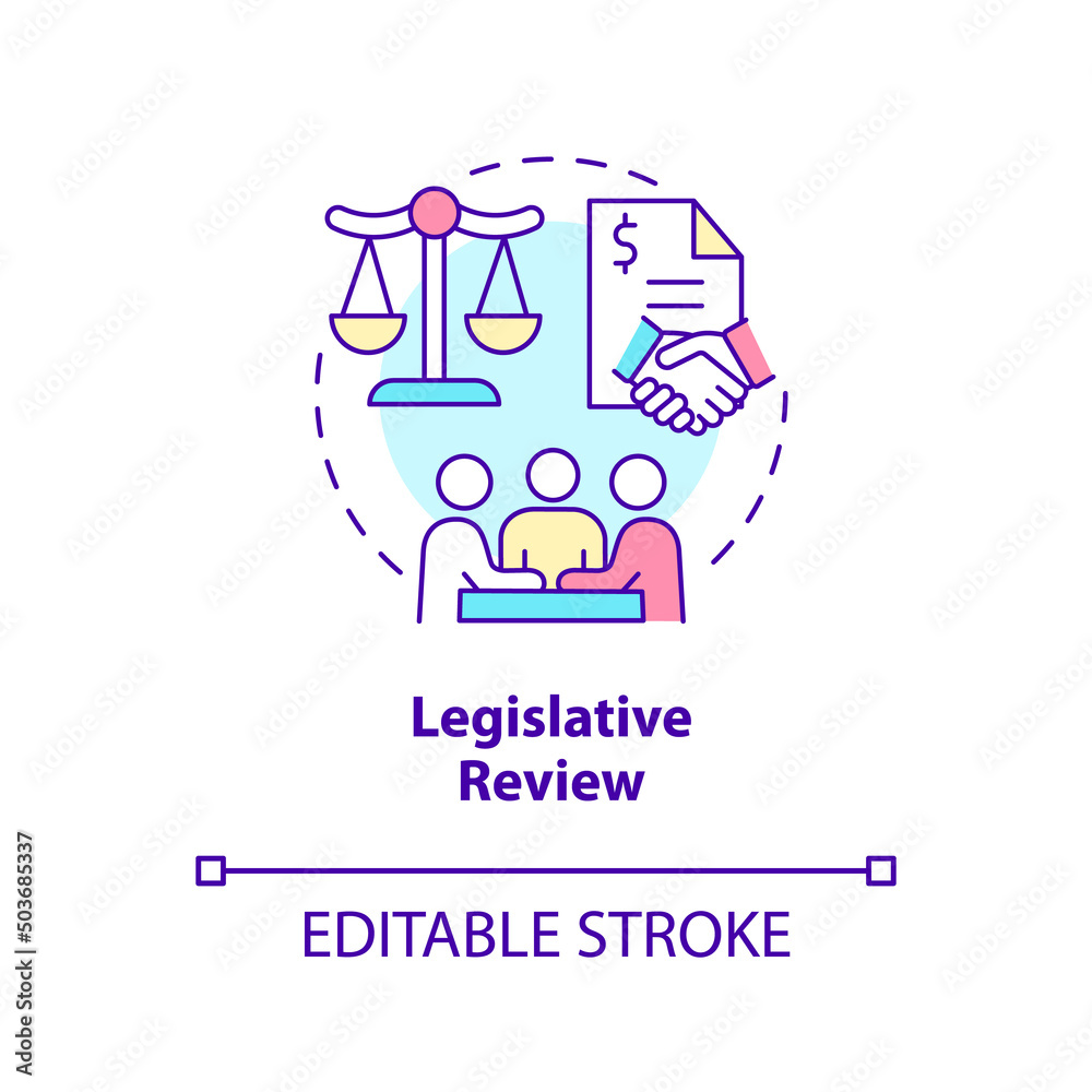 Legislative review concept icon. Public hearings. Budgeting process abstract idea thin line illustration. Isolated outline drawing. Editable stroke. Arial, Myriad Pro-Bold fonts used