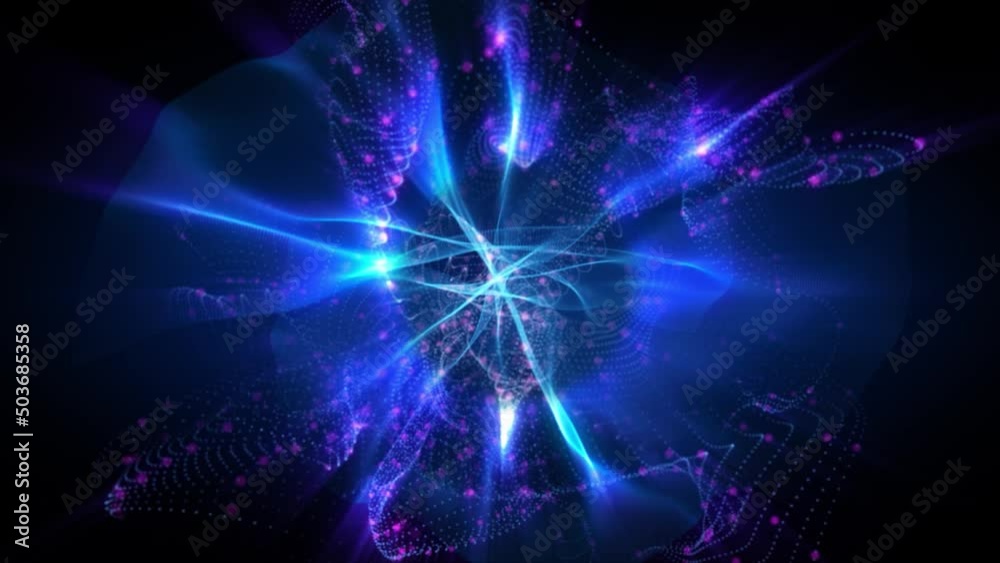 Abstract scientific fantasy background energy wave form shiny particles light projections rays loop