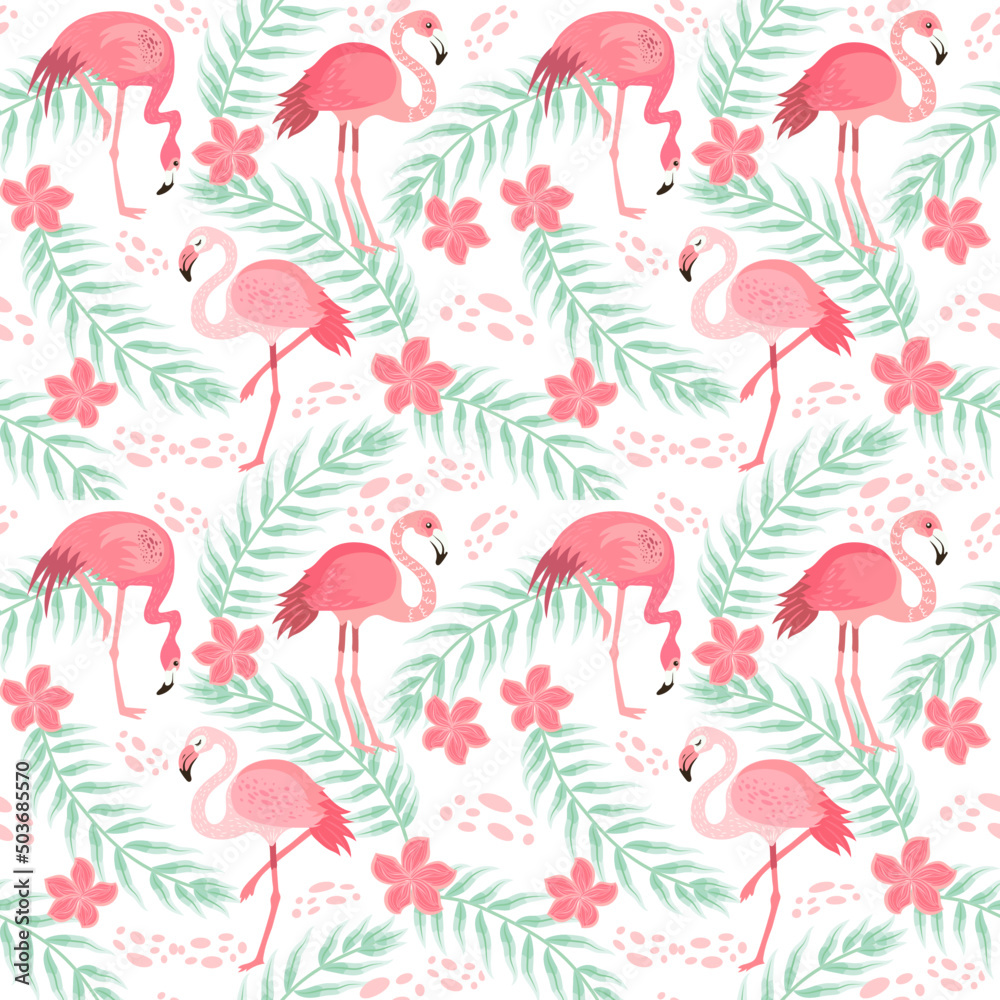 pink flamingos in different poses. seamless pattern. vector image.  background with exotic birds, tropical plants, flowers and leaves