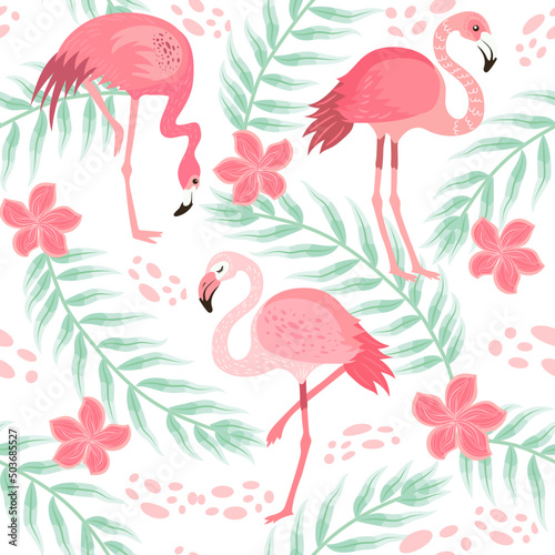 pink flamingos in different poses. seamless pattern. vector image.  background with exotic birds  tropical plants  flowers and leaves