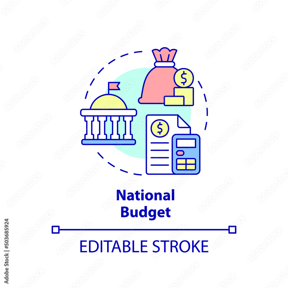 National budget concept icon. Financial program for country. Budgeting type abstract idea thin line illustration. Isolated outline drawing. Editable stroke. Arial, Myriad Pro-Bold fonts used National budget concept icon. Financial program for country. Budgeting type abstract idea thin line illustration. Isolated outline drawing. Editable stroke. Arial, Myriad Pro-Bold fonts used