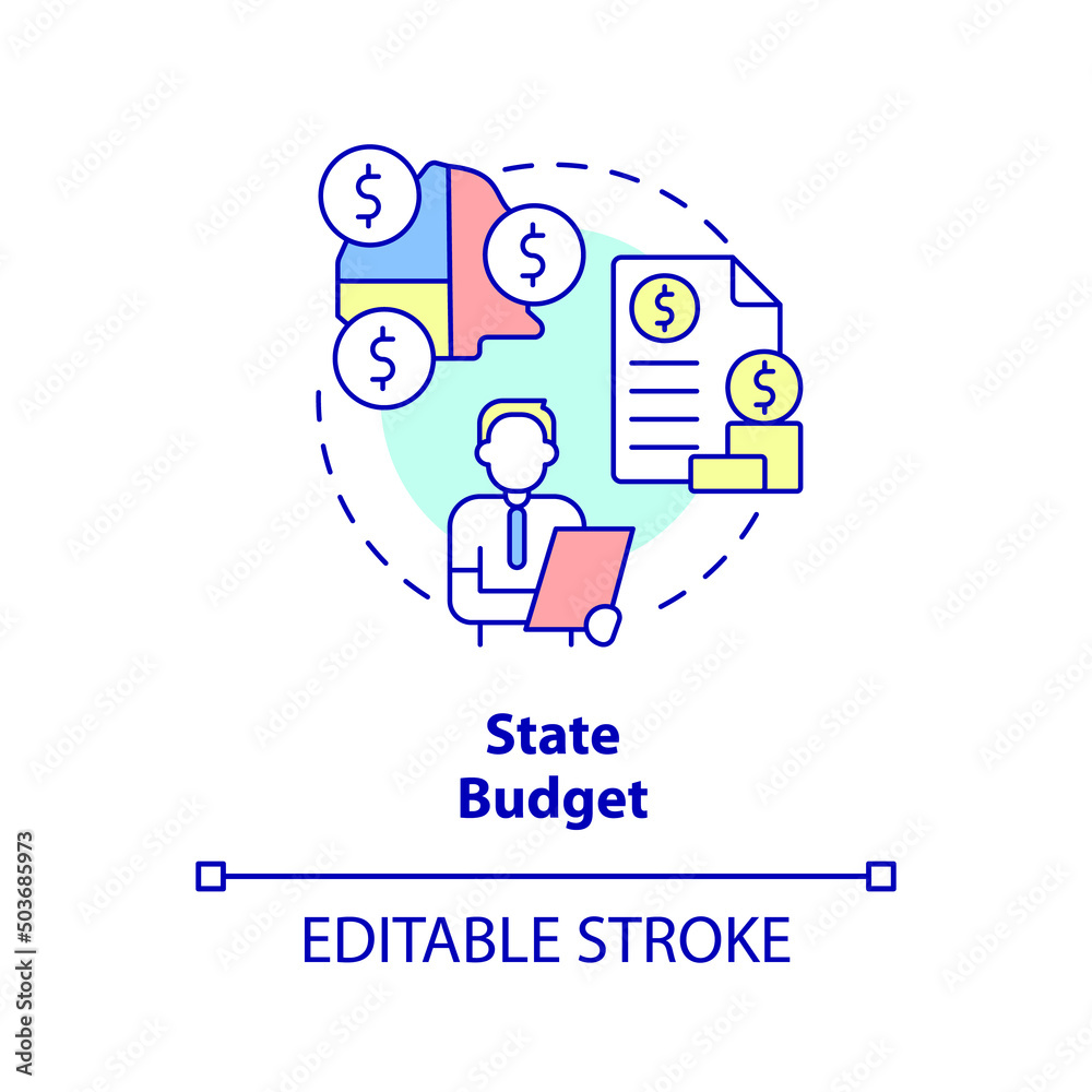 State budget concept icon. Financial program. Revenue and expenses. Budgeting type abstract idea thin line illustration. Isolated outline drawing. Editable stroke. Arial, Myriad Pro-Bold fonts used State budget concept icon. Financial program. Revenue and expenses. Budgeting type abstract idea thin line illustration. Isolated outline drawing. Editable stroke. Arial, Myriad Pro-Bold fonts used