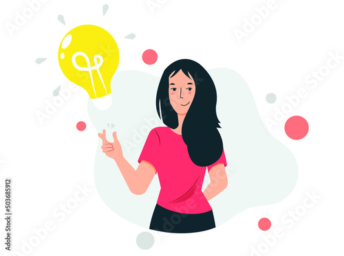 Woman and a light bulb on a white background, her having a bright idea