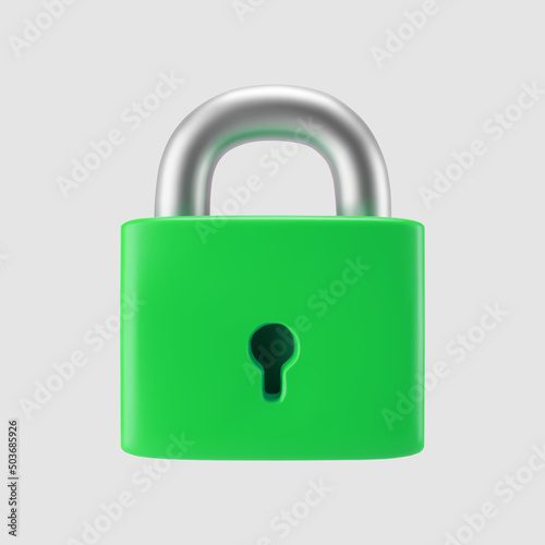 3d green locked padlock icon isolated on gray background. Render minimal closed padlock with a keyhole. Confidentiality and security concept. 3d cartoon simple vector illustration