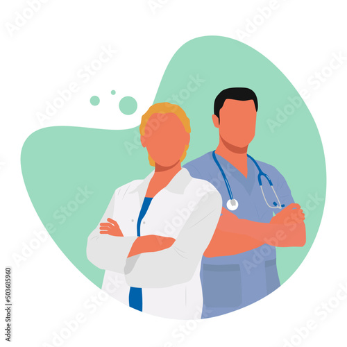 Doctors. Female doctor, male doctor. Vector illustration. Poster, flyer, banner, postcard.
