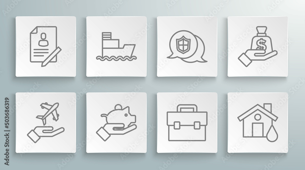 Set line Plane in hand, Ship, Piggy bank, Briefcase, House flood, Location shield, Money and Document with icon. Vector Set line Plane in hand, Ship, Piggy bank, Briefcase, House flood, Location shield, Money and Document with icon. Vector