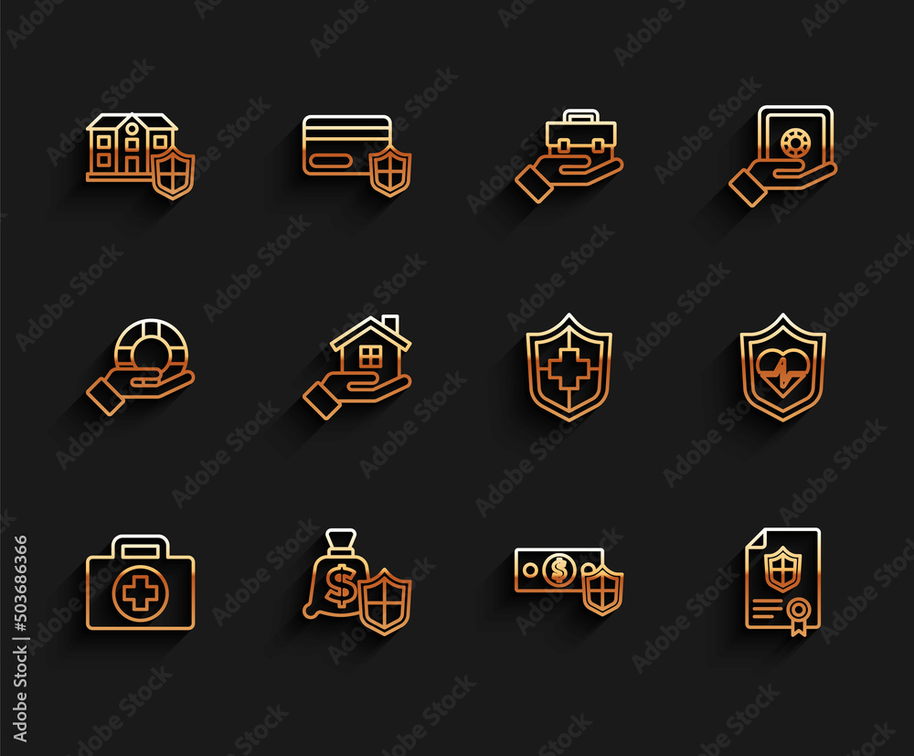 Set line First aid kit, Money with shield, House, Contract, in hand, Life insurance and icon. Vector Set line First aid kit, Money with shield, House, Contract, in hand, Life insurance and icon. Vector