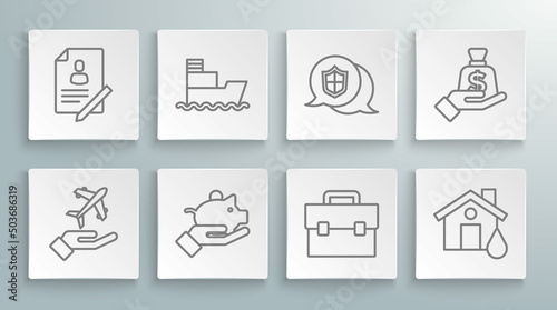 Set line Plane in hand, Ship, Piggy bank, Briefcase, House flood, Location shield, Money and Document with icon. Vector