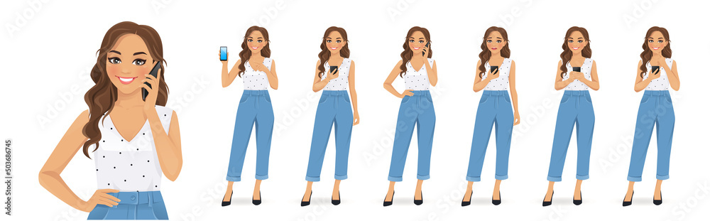Young woman with curly hairstyle holding mobile phone, talking, texting and showing empty sreen isolated vector illustration Young woman with curly hairstyle holding mobile phone, talking, texting and showing empty sreen isolated vector illustration