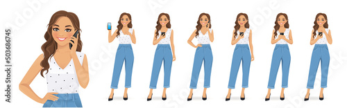 Young woman with curly hairstyle holding mobile phone, talking, texting and showing empty sreen isolated vector illustration