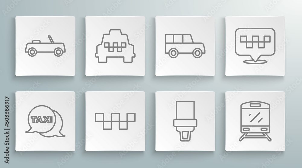 Set line Taxi call telephone service, car, roof, Safety belt, Train, Car, Location with taxi and icon. Vector Set line Taxi call telephone service, car, roof, Safety belt, Train, Car, Location with taxi and icon. Vector