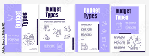 Budget types purple brochure template. Financial program and plan. Leaflet design with linear icons. 4 vector layouts for presentation, annual reports. Anton, Lato-Regular fonts used