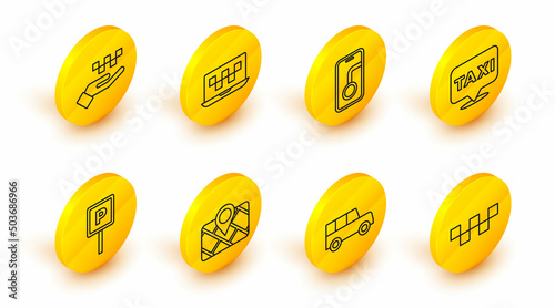 Set line Taxi car roof, Car, Gps device with map, Parking, Location taxi, City navigation, Laptop call service and Hand icon. Vector