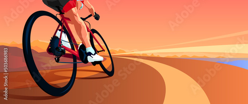 A cyclist on a road bike rushes forward. Sunset on the background, dynamic vector illustration. banner photo