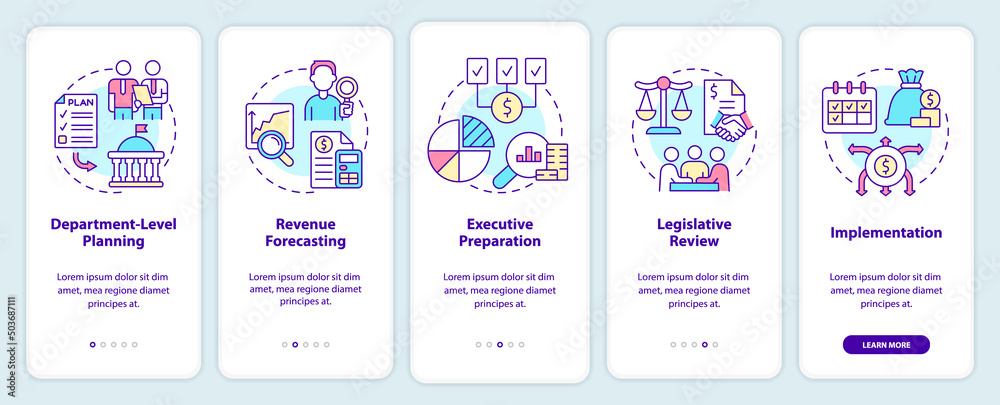 Budgeting process onboarding mobile app screen. Planning, implementation walkthrough 5 steps graphic instructions pages with linear concepts. UI, UX, GUI template. Myriad Pro-Bold, Regular fonts used
