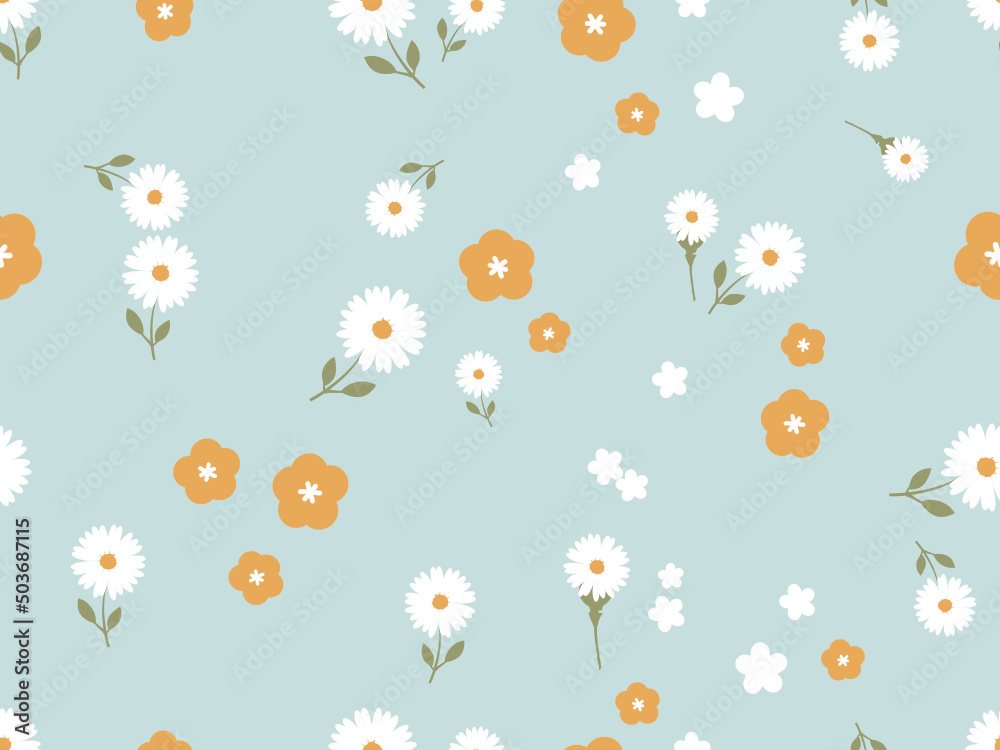 Seamless pattern with daisy flower and orange flower on green background vector.