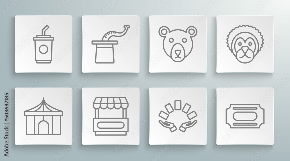 Fototapeta premium Set line Circus tent, Magician hat, Fast street food cart, Hand holding playing cards, ticket, Bear head, Wild lion and Paper glass with water icon. Vector